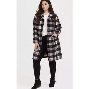 Torrid Plaid Knee Length Coat - 1X - Red/White/Black